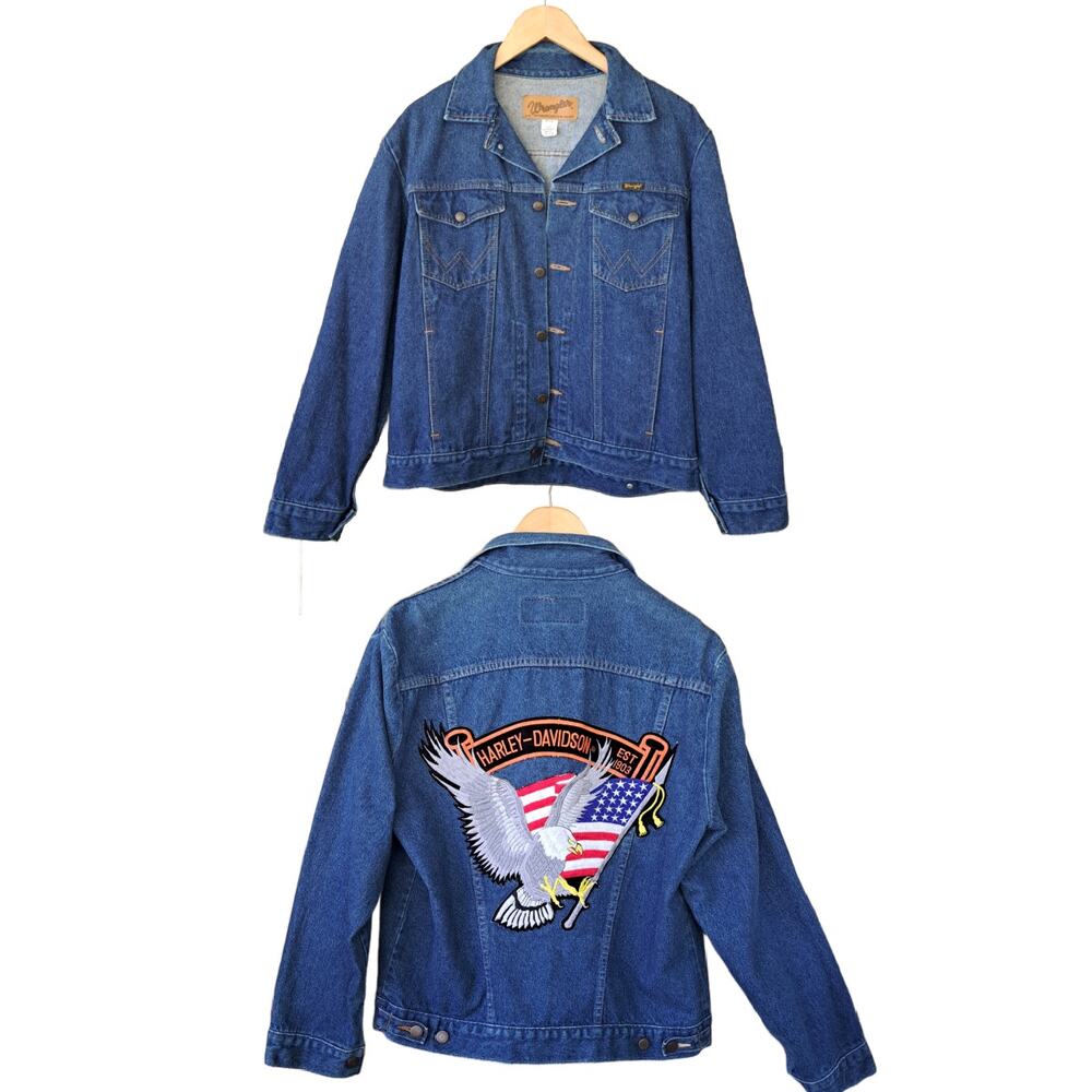 Wrangler Harley Davidson Reworked Denim Trucker Jacket 40 Med Custom Eagle Patch